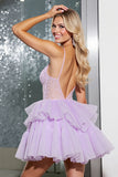 Lilac Corset A Line Short Tulle Homecoming Dress with Appliques