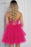 Sparkly Fuchsia A Line Tulle Short Corset Homecoming Dress with Bows