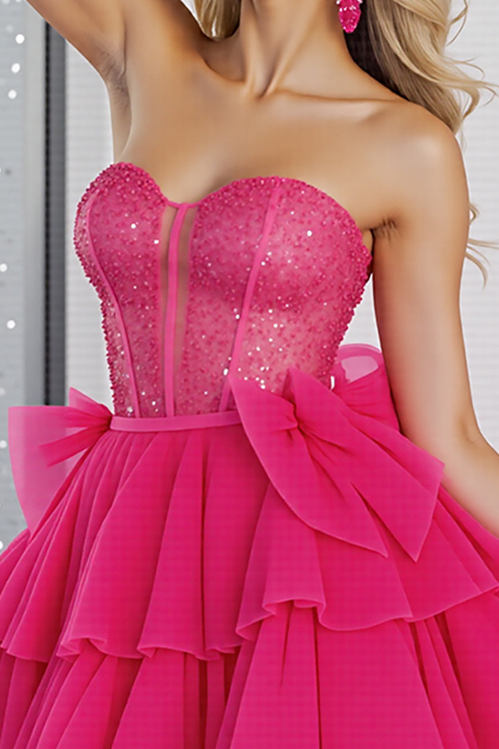 Sparkly Fuchsia A Line Tulle Short Corset Homecoming Dress with Bows