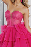 Sparkly Fuchsia A Line Tulle Short Corset Homecoming Dress with Bows