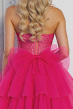 Sparkly Fuchsia A Line Tulle Short Corset Homecoming Dress with Bows