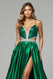 Sparkly Dark Green A Line V-Neck Long Prom Dress with Slit