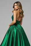 Sparkly Dark Green A Line V-Neck Long Prom Dress with Slit
