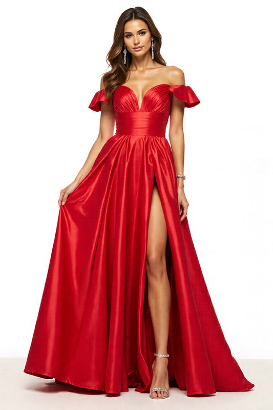 Red Off the Shoulder Satin A Line Long Prom Dress with Slit