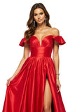 Red Off the Shoulder Satin A Line Long Prom Dress with Slit