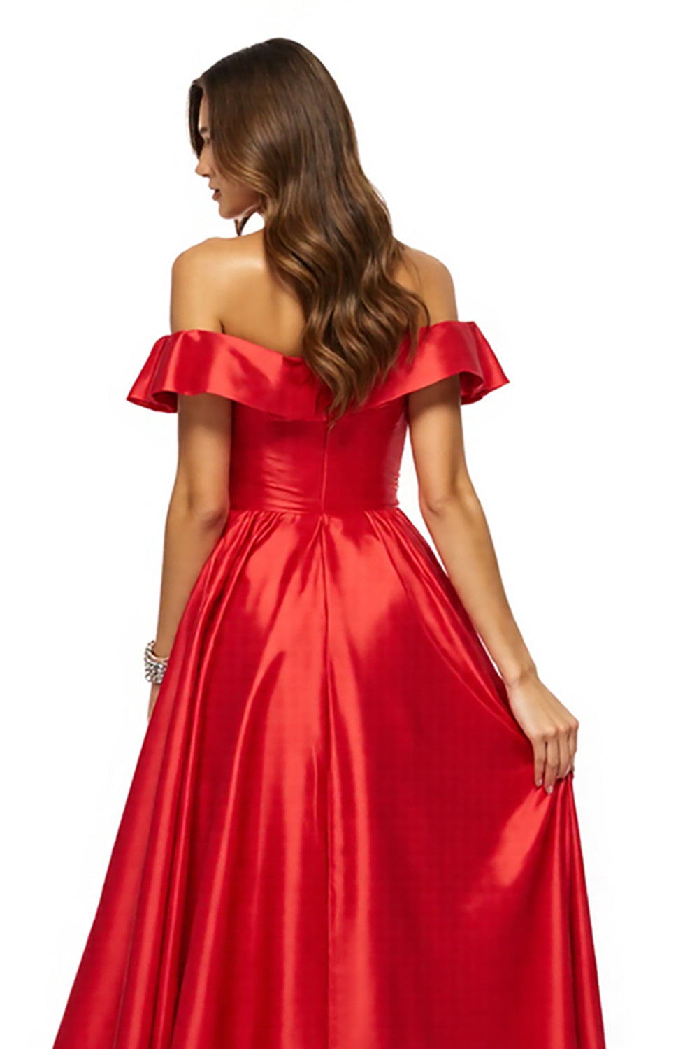 Red Off the Shoulder Satin A Line Long Prom Dress with Slit