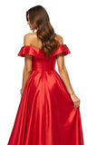 Red Off the Shoulder Satin A Line Long Prom Dress with Slit