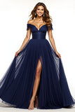 Navy A Line Off the Shoulder Long Prom Dress with Slit