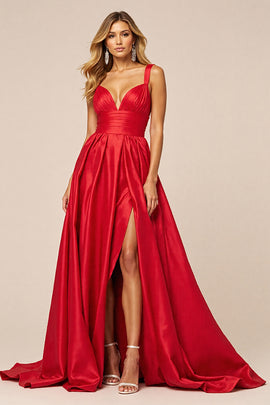 Red Satin A Line V-Neck Long Prom Dress with Slit