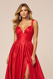 Red Satin A Line V-Neck Long Prom Dress with Slit