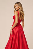 Red Satin A Line V-Neck Long Prom Dress with Slit