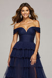 Navy Tulle A Line Off the Shoulder Long Ruffled Prom Dress with Slit