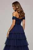 Navy Tulle A Line Off the Shoulder Long Ruffled Prom Dress with Slit