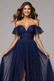 Navy Pleated A Line Off the Shoulder Long Prom Dress with Slit