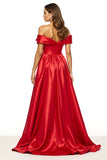 A Line Red Satin Off the Shoulder Long Prom Dress with Slit