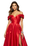 A Line Red Satin Off the Shoulder Long Prom Dress with Slit