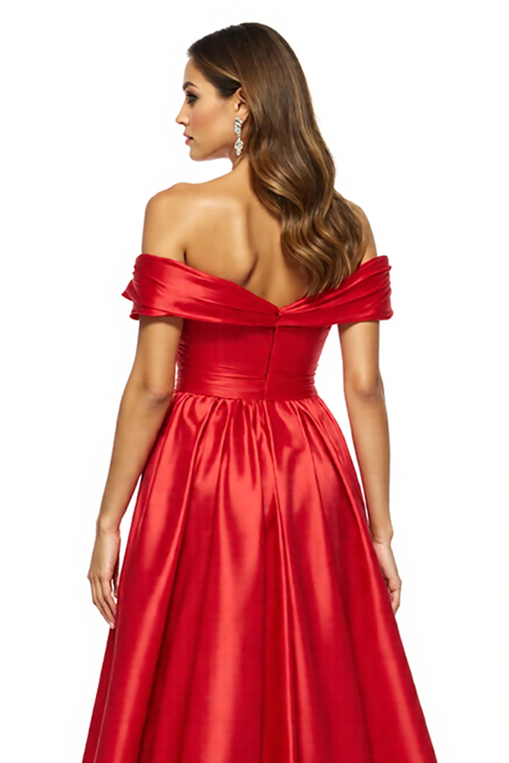 A Line Red Satin Off the Shoulder Long Prom Dress with Slit