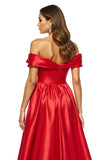 A Line Red Satin Off the Shoulder Long Prom Dress with Slit