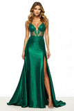 Dark Green V-Neck Appliqued Sheath Long Prom Dress with Slit