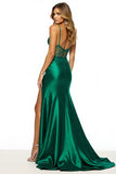 Dark Green V-Neck Appliqued Sheath Long Prom Dress with Slit