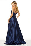 Navy Satin A Line Sweetheart Long Prom Dress with Slit