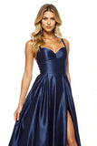 Navy Satin A Line Sweetheart Long Prom Dress with Slit