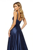 Navy Satin A Line Sweetheart Long Prom Dress with Slit
