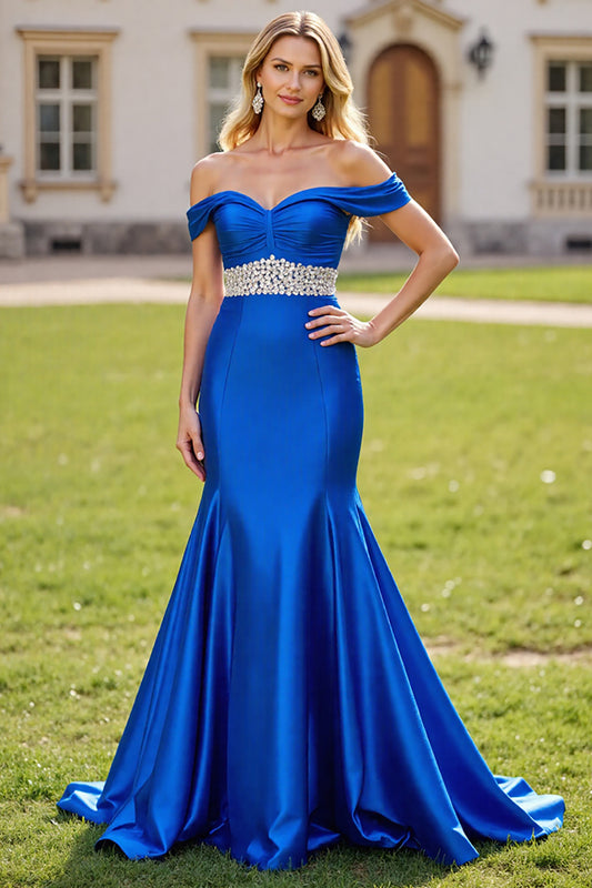 Royal Blue Mermaid Off the Shoulder Long Prom Dress with Beading