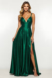 Dark Green V-Neck Satin Long A Line Prom Dress with Slit