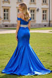 Royal Blue Mermaid Off the Shoulder Long Prom Dress with Beading