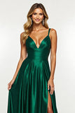 Dark Green V-Neck Satin Long A Line Prom Dress with Slit