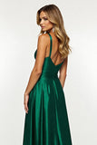Dark Green V-Neck Satin Long A Line Prom Dress with Slit