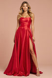 Red A Line Satin Long Strapless Prom Dress with Slit