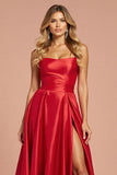 Red A Line Satin Long Strapless Prom Dress with Slit