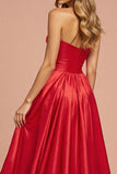 Red A Line Satin Long Strapless Prom Dress with Slit