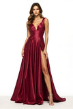 Satin Burgundy V-Neck A Line Long Prom Dress with Slit