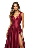 Satin Burgundy V-Neck A Line Long Prom Dress with Slit