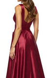 Satin Burgundy V-Neck A Line Long Prom Dress with Slit