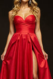 Red Sweetheart A Line Long Satin Prom Dress with Slit