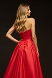 Red Sweetheart A Line Long Satin Prom Dress with Slit