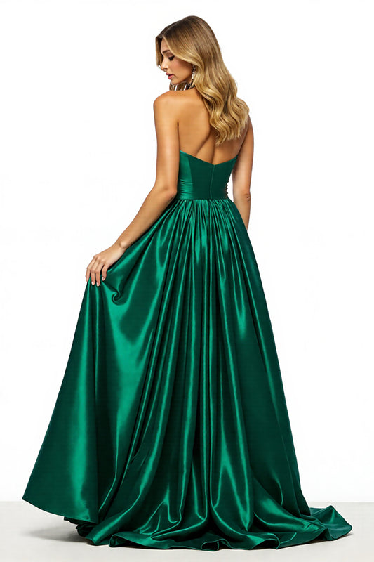Dark Green Satin Keyhole A Line Halter Long Prom Dress with Slit