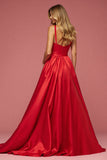 A Line Red Satin Long Prom Dress with Slit