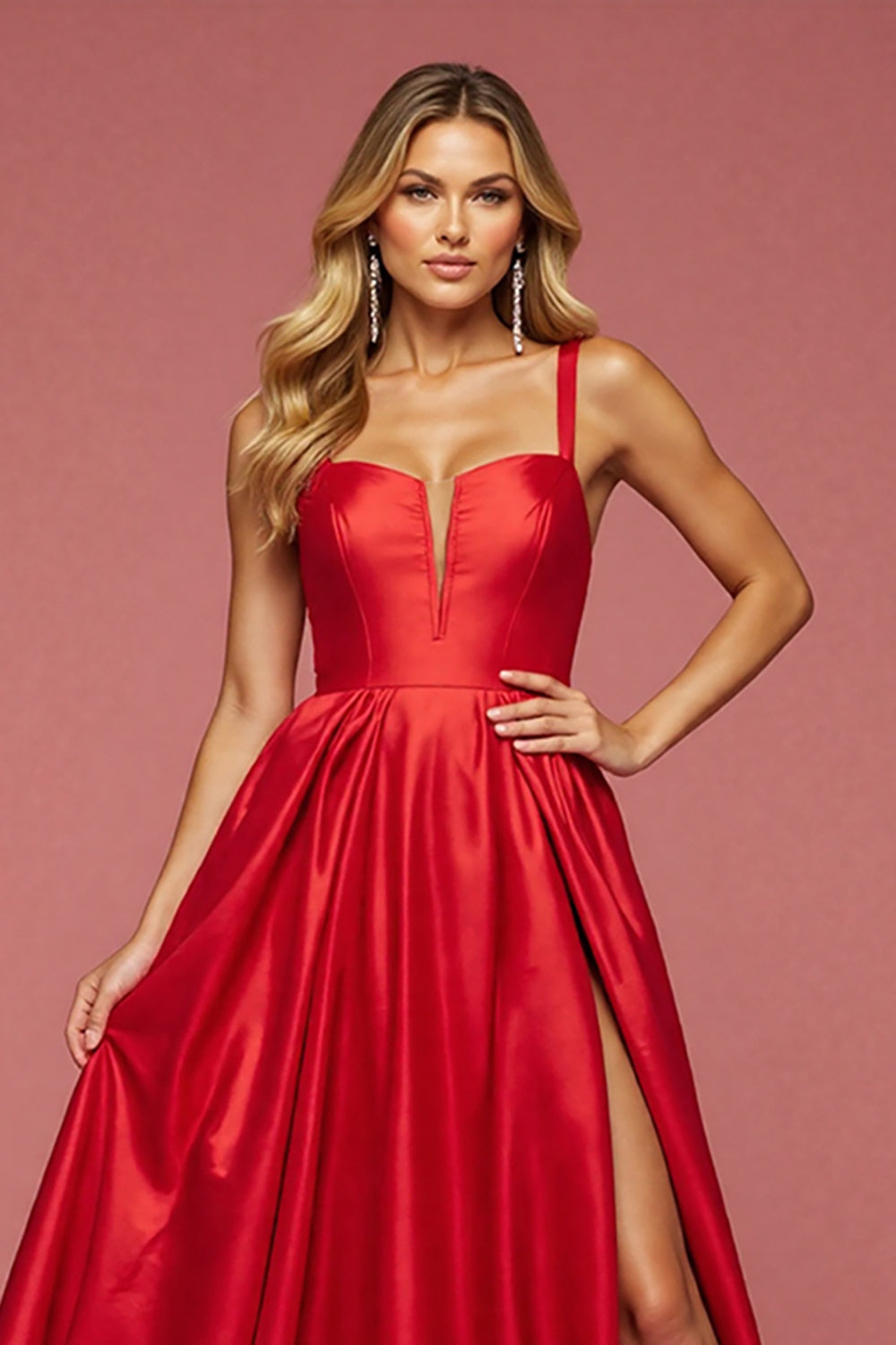 A Line Red Satin Long Prom Dress with Slit