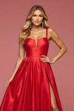 A Line Red Satin Long Prom Dress with Slit