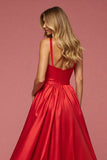 A Line Red Satin Long Prom Dress with Slit