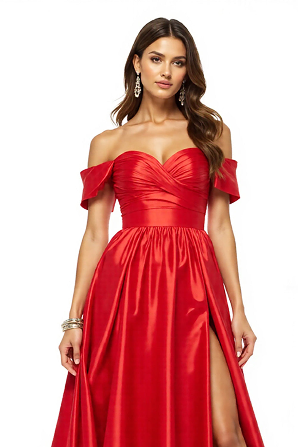 Satin Red Off the Shoulder Long A Line Prom Dress with Slit