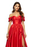 Satin Red Off the Shoulder Long A Line Prom Dress with Slit