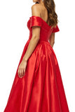 Satin Red Off the Shoulder Long A Line Prom Dress with Slit