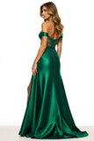 Dark Green Off the Shoulder Long Satin Prom Dress with Slit