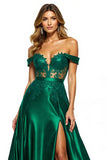 Dark Green Off the Shoulder Long Satin Prom Dress with Slit